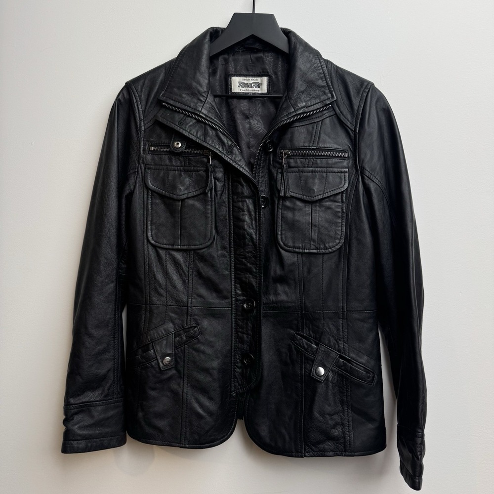 VTG Echtes Tanater Leder Sz 42 / US Large Field Jacket‎ Black Motorcycle Womens